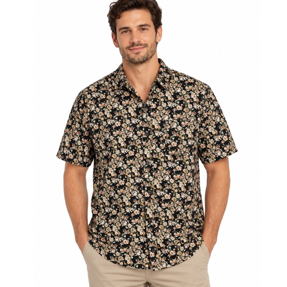 PacSun Mens Black Floral Short Sleeve Button Up Shirt 100% Cotton | Size XL